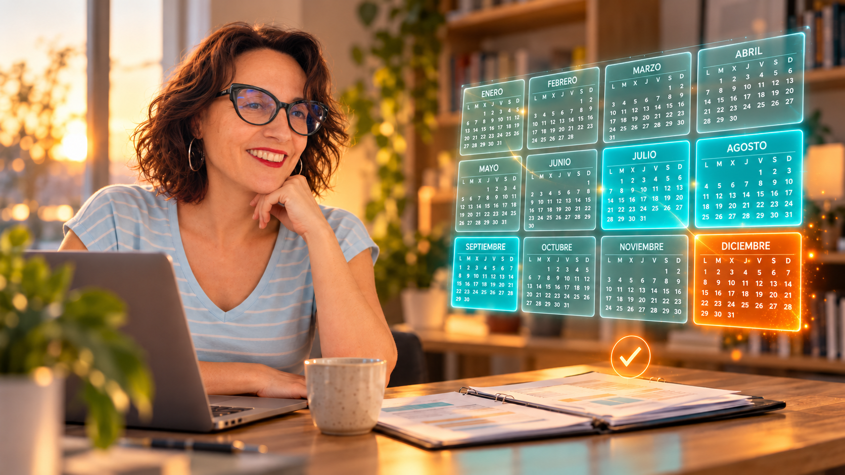 Docente FPE en su escritorio mirando un calendario holográfico con varios meses destacados
